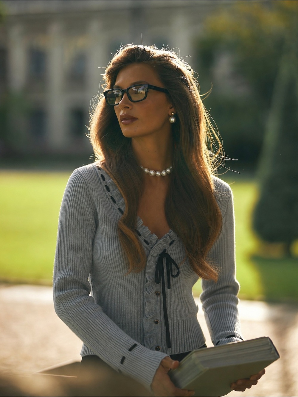 Dazy Grey Ribbed Ruffle Tie Cardigan Coquette Balletcore Knit Top